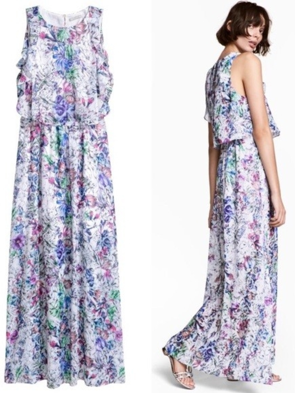 H&M White Floral Maxi Dress with Purple, Pink and Green Print